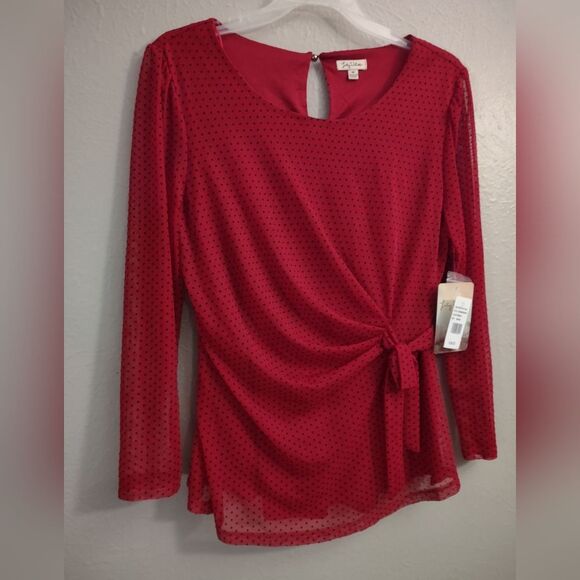 Lily White Red Polka Dot Wrap Tie Blouse Size Medium - Picture 2 of 16